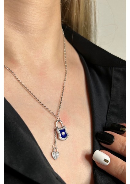 925 Ayar Gümüş Kalp Sallantılı Kilit Kolye - 23176401 fiyatları