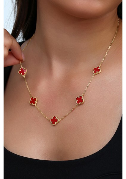 14K Altın Kaplamalı 925 Ayar Gümüş Granada Saray Yoncaları Kolye - Kırmızı 23182801