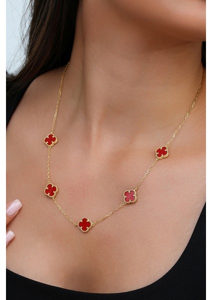 14K Altın Kaplamalı 925 Ayar Gümüş Granada Saray Yoncaları Kolye - Kırmızı 23182801 modelleri