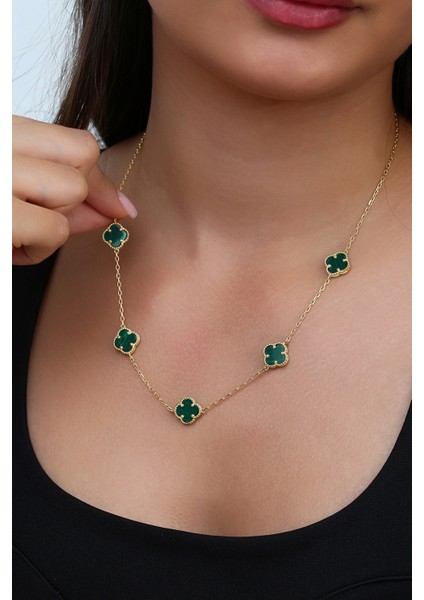 14K Altın Kaplamalı 925 Ayar Gümüş Granada Saray Yoncaları Kolye - Yeşil 23182800