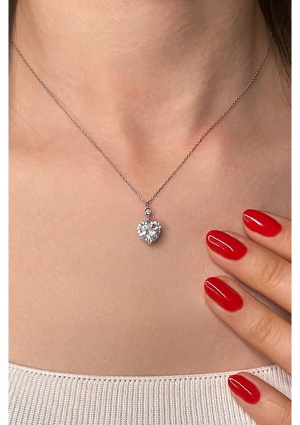 925 Ayar Gümüş Kalp Kesim Zirkon Taşlı Kolye - 23180801