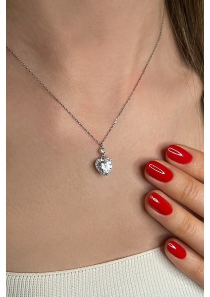 925 Ayar Gümüş Kalp Kesim Zirkon Taşlı Kolye - 23180801 modelleri