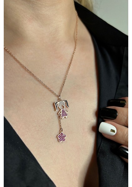 925 Ayar Gümüş Rose Çiçek Sallantılı Kız Çocuğu Figürlü Kolye - 23176801