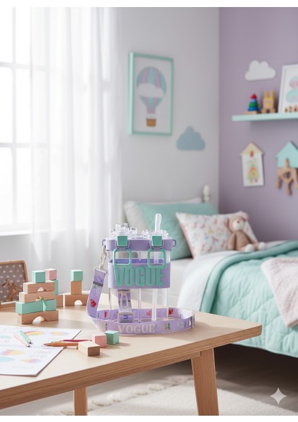 Çift Bölmeli Vogue Matara, Çift Kapaklı, Pipetli, Boyun Askılı Çocuk Okul Suluk Anaokulu