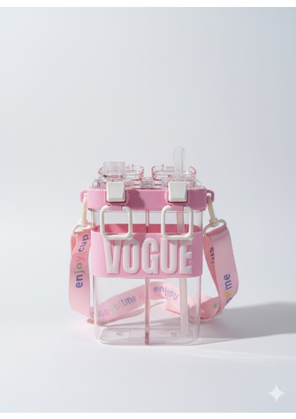 Çift Bölmeli Vogue Matara, Çift Kapaklı, Pipetli, Boyun Askılı Çocuk Okul Suluk Anaokulu