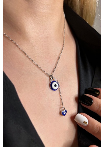 925 Ayar Gümüş Kalp Sallantılı Nazar Kolye - 23176301