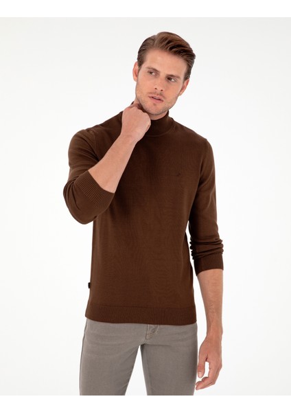 Erkek Koyu Kahverengi Slim Fit Yarım Balıkçı Yaka Basic Triko Kazak 50296548-VR084 modelleri