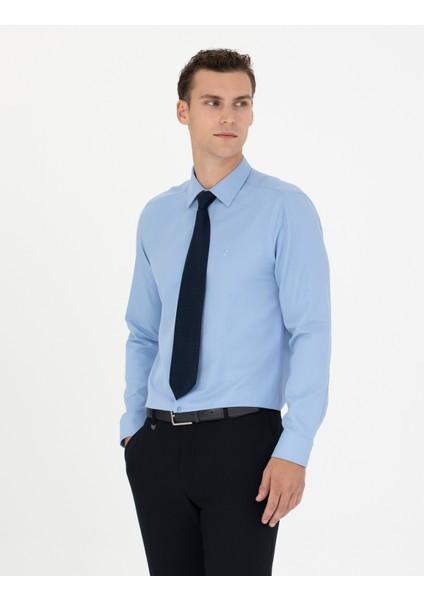 Erkek Mavi Slim Fit Uzun Kollu Basic Gömlek 50277778-VR036