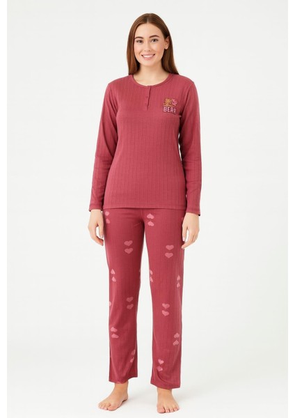 Kadın 05030 Uzun Kol % 100 Pamuk Raporlu Interlok Pijama Takımı Gül Kurusu