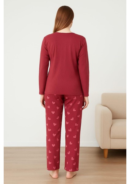 Kadın 05030 Uzun Kol % 100 Pamuk Raporlu Interlok Pijama Takımı Gül Kurusu fiyatları