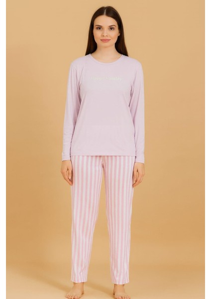 Kadın 20299 Uzun Kol % 100 Pamuk Milan Pijama Takımı Pembe
