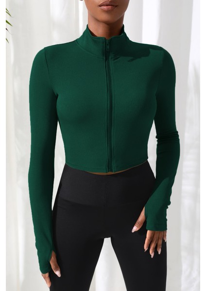 Kadın Yeşil Uzun Kol Fermuarlı Parmak Geçme Detaylı Dik Yaka Crop Top Bluz modelleri