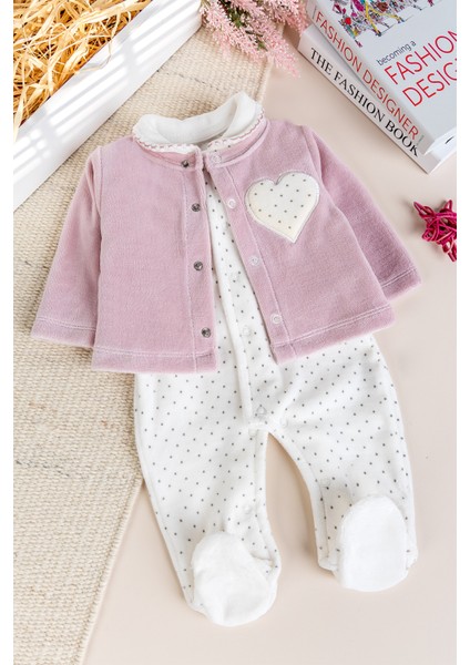 Hırkalı Bebe Yaka 2'li Kadife Kışlık Kız Bebek Tulum Set