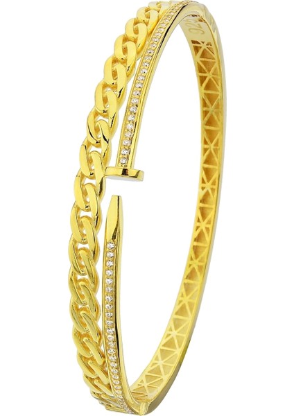 18K Altın Kaplamalı 925 Ayar Gümüş Tasarım Kelepçe Bileklik - 45102201