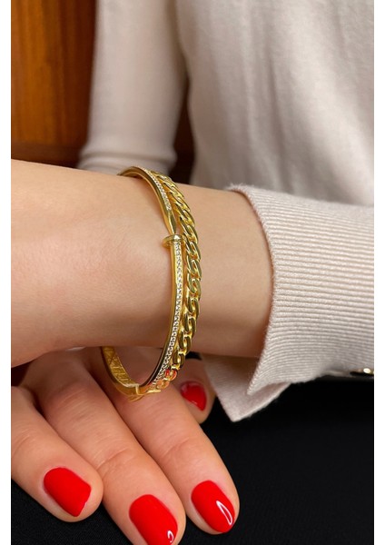 18K Altın Kaplamalı 925 Ayar Gümüş Tasarım Kelepçe Bileklik - 45102201 fiyatları