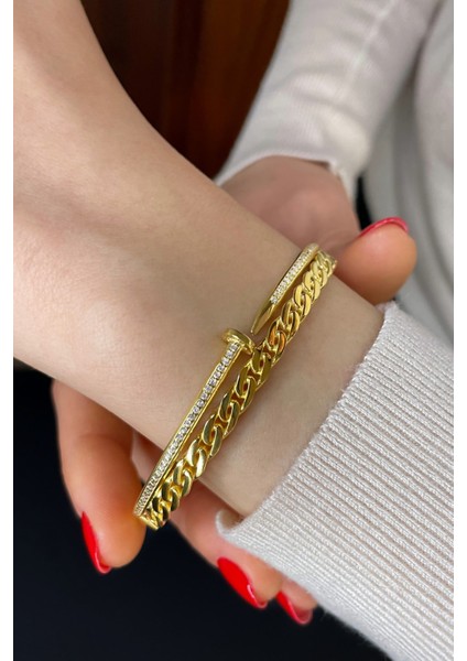 18K Altın Kaplamalı 925 Ayar Gümüş Tasarım Kelepçe Bileklik - 45102201 modelleri