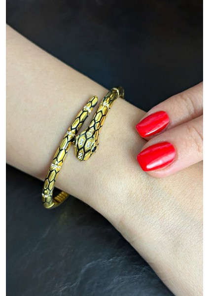 18K Altın Kaplamalı 925 Ayar Gümüş Yılan Figürlü Kelepçe Bileklik - 45102601 fiyatları