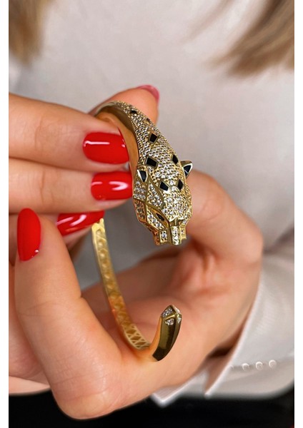 18K Altın Kaplamalı 925 Ayar Gümüş Panter Figürlü Kelepçe Bileklik - 45102401 modelleri