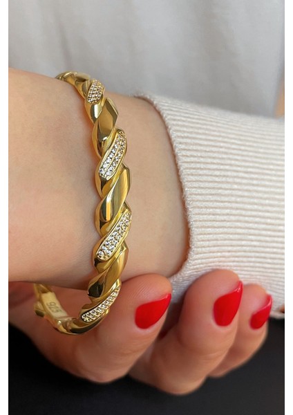 18K Altın Kaplamalı 925 Ayar Gümüş Zirkon Taşlı Burma Kelepçe Bileklik - 45102301