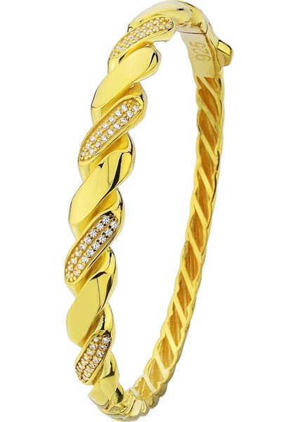18K Altın Kaplamalı 925 Ayar Gümüş Zirkon Taşlı Burma Kelepçe Bileklik - 45102301 fiyatları