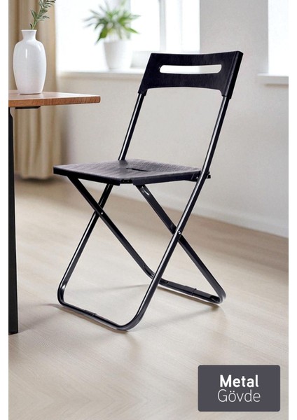 Safran Katlanabilir Metal Gövdeli Sandalye Katlanır Mutfak Bahçe Kamp Sandalyesi Siyah 1 Adet