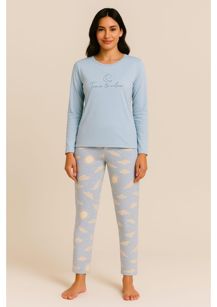 Kadın 20363 Uzun Kol Milan Pijama Takımı Mavi