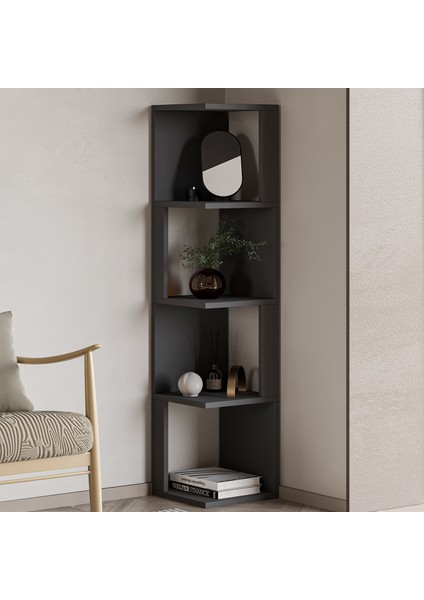 Herry Köşe Kitaplık – Dekoratif Raf Ünitesi, Modern Kütüphane, Antrasit