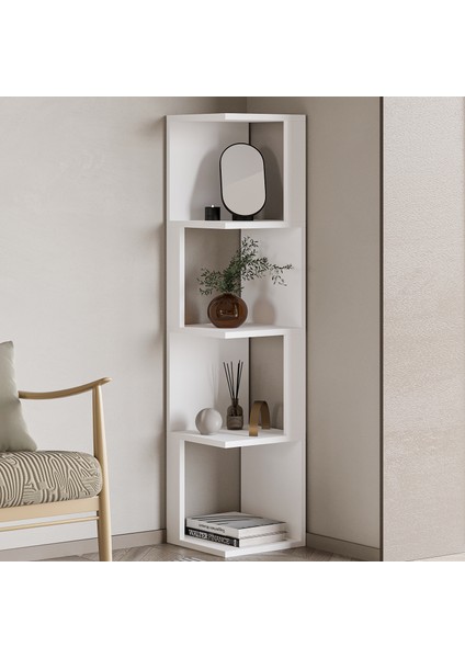 Herry Köşe Kitaplık – Dekoratif Raf Ünitesi, Modern Kütüphane, Beyaz