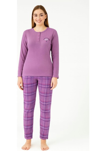 Kadın 05031 Uzun Kol % 100 Pamuk Raporlu Interlok Pijama Takımı Mor