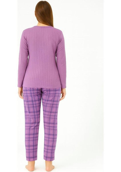 Kadın 05031 Uzun Kol % 100 Pamuk Raporlu Interlok Pijama Takımı Mor fiyatları
