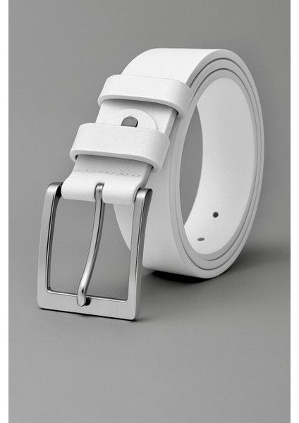 Beyaz 100 % Hakiki Deri Kumaş Pantolon Kemeri