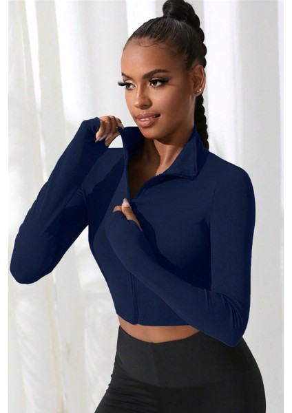 Kadın Lacivert Uzun Kol Fermuarlı Parmak Geçme Detaylı Dik Yaka Crop Top Bluz indirimleri
