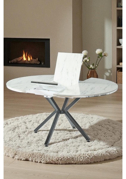 Zenit Plus Açılır Yuvarlak Masa (Sandalyesiz) – Beyaz Mermer, Siyah Ayak, Ø100→134 cm