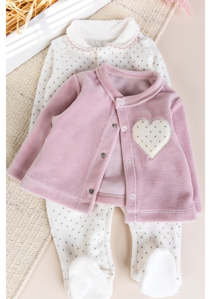Hırkalı Bebe Yaka 2'li Kadife Kışlık Kız Bebek Tulum Set modelleri
