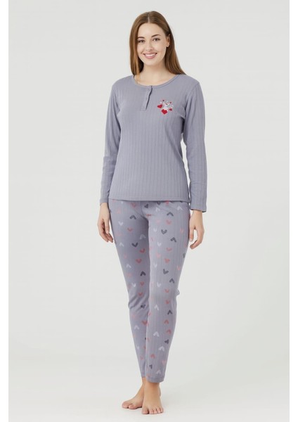 Kadın 05020 Uzun Kol % 100 Pamuk Raporlu Interlok Pijama Takımı Füme