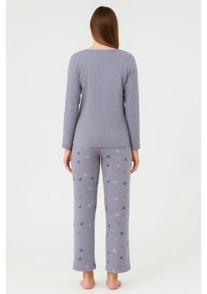 Kadın 05020 Uzun Kol % 100 Pamuk Raporlu Interlok Pijama Takımı Füme fiyatları