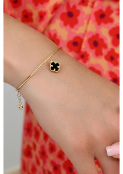 14K Altın Kaplamalı 925 Ayar Gümüş Granada Saray Yoncası Tel Bileklik - Siyah Oniks 45103102 fiyatları