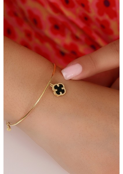 14K Altın Kaplamalı 925 Ayar Gümüş Granada Saray Yoncası Tel Bileklik - Siyah Oniks 45103102 modelleri