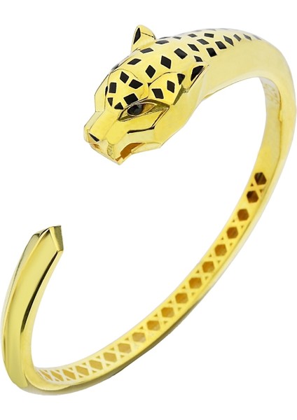 18K Altın Kaplamalı 925 Ayar Gümüş Panter Figürlü Kelepçe Bileklik - 45102501