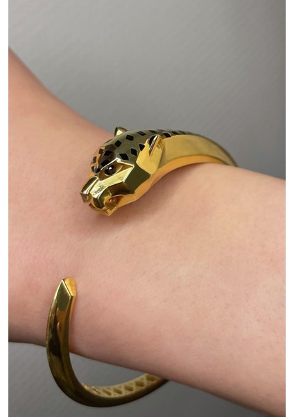 18K Altın Kaplamalı 925 Ayar Gümüş Panter Figürlü Kelepçe Bileklik - 45102501 fiyatları
