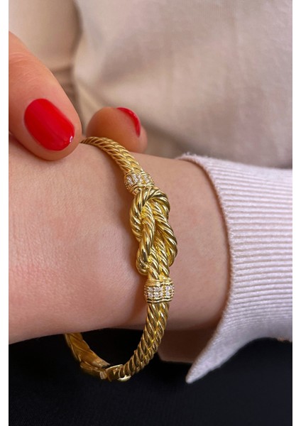 18K Altın Kaplamalı 925 Ayar Gümüş Gemici Düğümü Halat Kelepçe Bileklik - 45101801