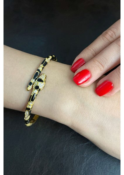 18K Altın Kaplamalı 925 Ayar Gümüş Yılan Figürlü Kelepçe Bileklik - 45102801 fırsatları