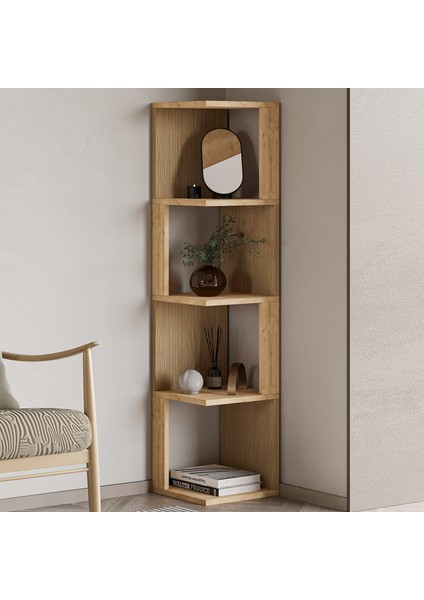 Herry Köşe Kitaplık – Dekoratif Raf Ünitesi, Modern Kütüphane, Safir Meşe