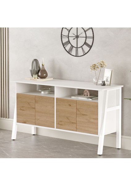 Molena Konsol 4 Kapaklı 140CM Beyaz Metal Ayaklı Sepet-Beyaz Ma3-Sw