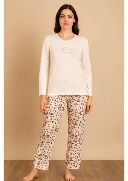Kadın 20546 Uzun Kol Milan % 100 Pamuk Pijama Takımı Bej