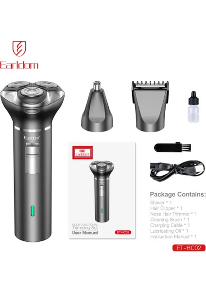 HC02 3-in-1 IPX7 Su Geçirmez Tıraş Makinesi | Burun Kılı Aparatlı & Nemli/Kuru Kullanım – Siyah
