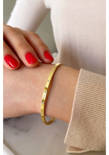 18K Altın Kaplamalı 925 Ayar Gümüş Zirkon Taşlı Kelepçe Bileklik - 45101101