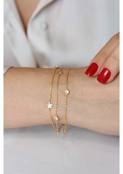 Altın Kaplamalı 925 Ayar Gümüş Yıldızlı ve Taşlı Üç Zincirli Bileklik - B080701