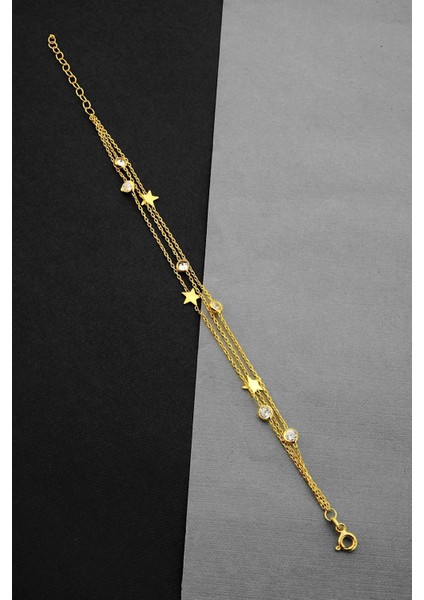 Altın Kaplamalı 925 Ayar Gümüş Yıldızlı ve Taşlı Üç Zincirli Bileklik - B080701 fiyatları