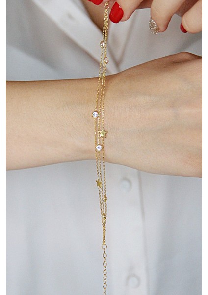 Altın Kaplamalı 925 Ayar Gümüş Yıldızlı ve Taşlı Üç Zincirli Bileklik - B080701 modelleri